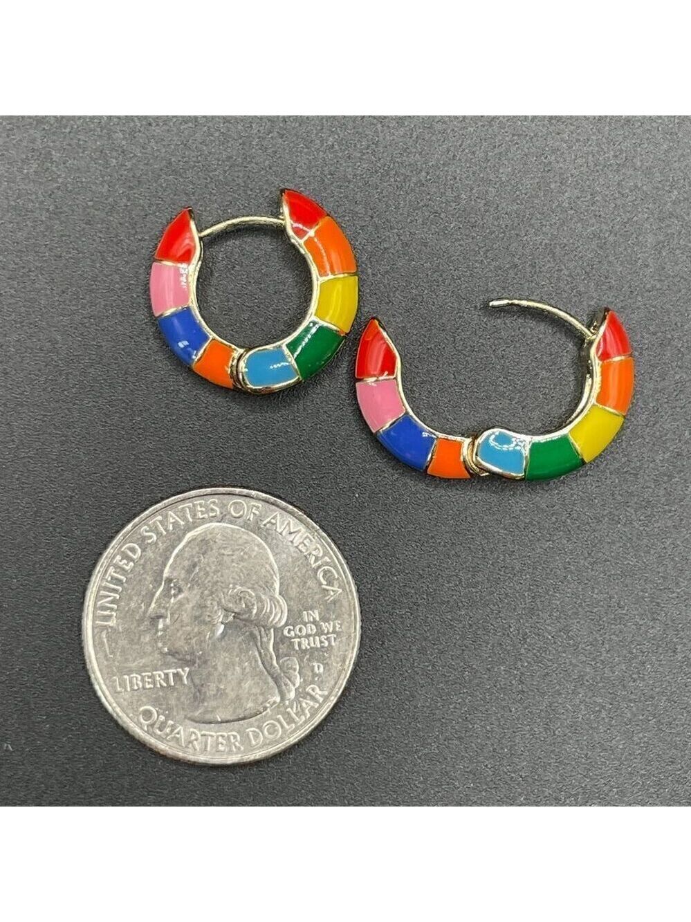 Rainbow Multi-color Enamel Huggie Earrings Medium Hoop #1343 - Picture 4 of 7